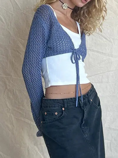 Blue Zone Planet |  Openwork Tied Dropped Shoulder Cardigan BLUE ZONE PLANET