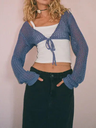 Blue Zone Planet |  Openwork Tied Dropped Shoulder Cardigan BLUE ZONE PLANET