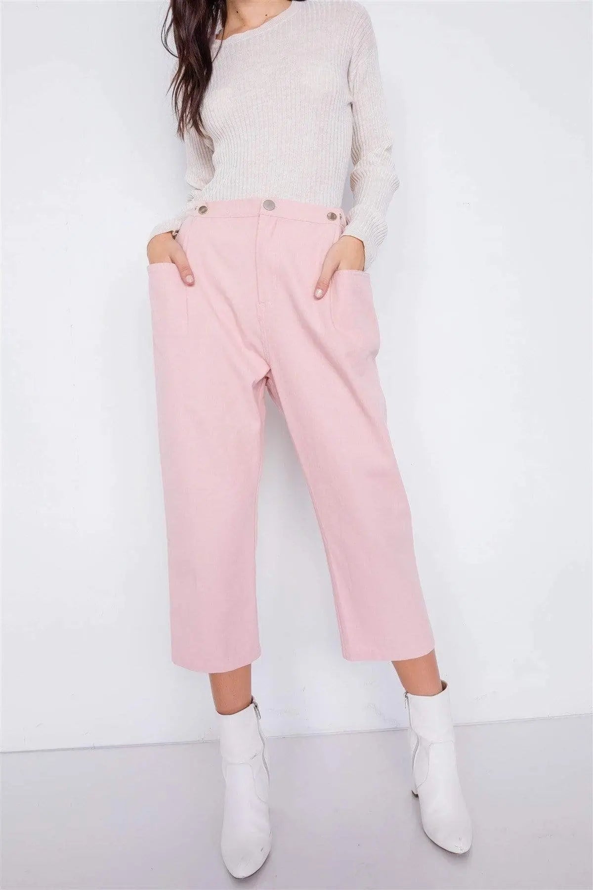 Blue Zone Planet |  Pastel Chic Solid Ankle Wide Leg Adjustable Snap Waist Pants Blue Zone Planet