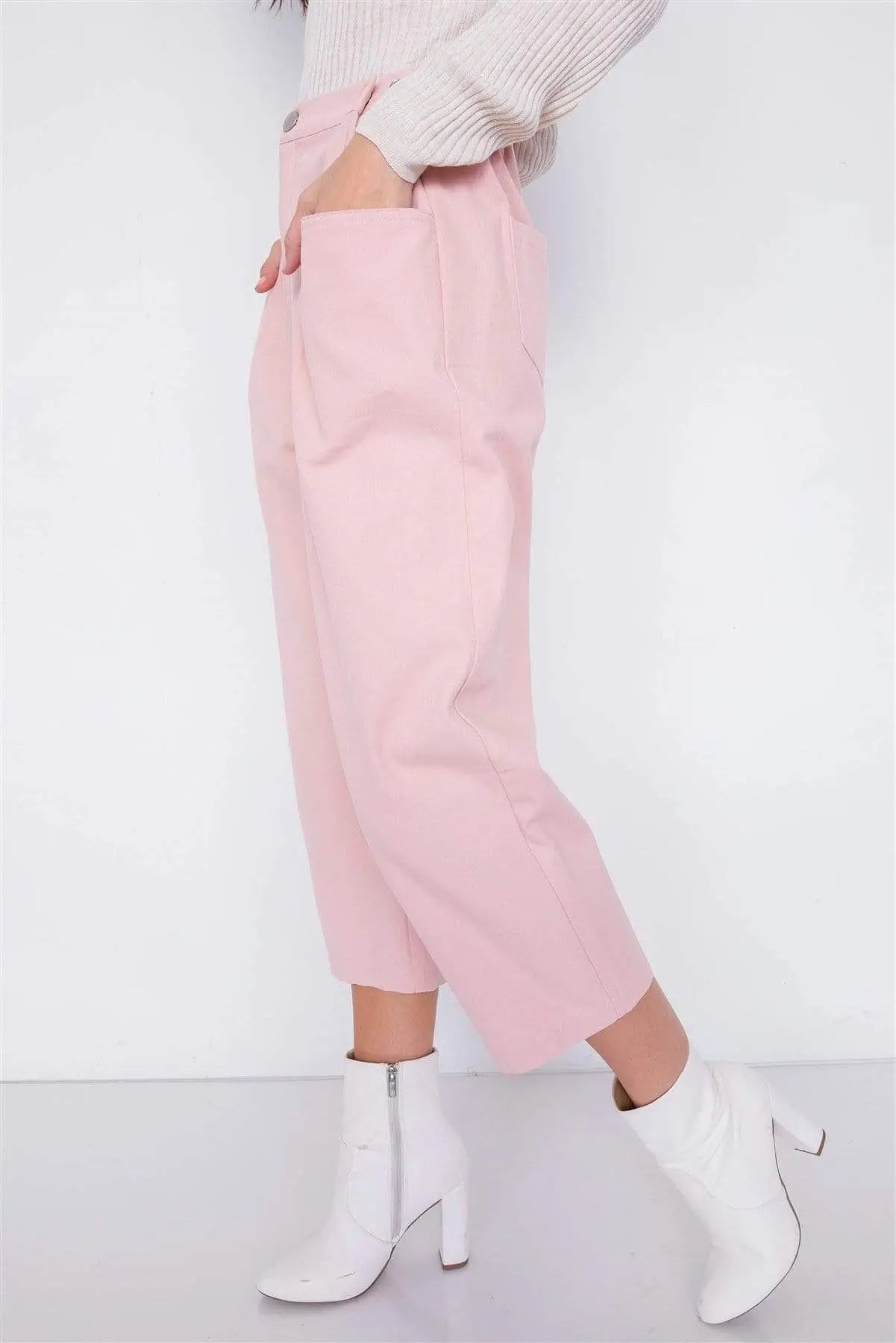 Blue Zone Planet |  Pastel Chic Solid Ankle Wide Leg Adjustable Snap Waist Pants Blue Zone Planet