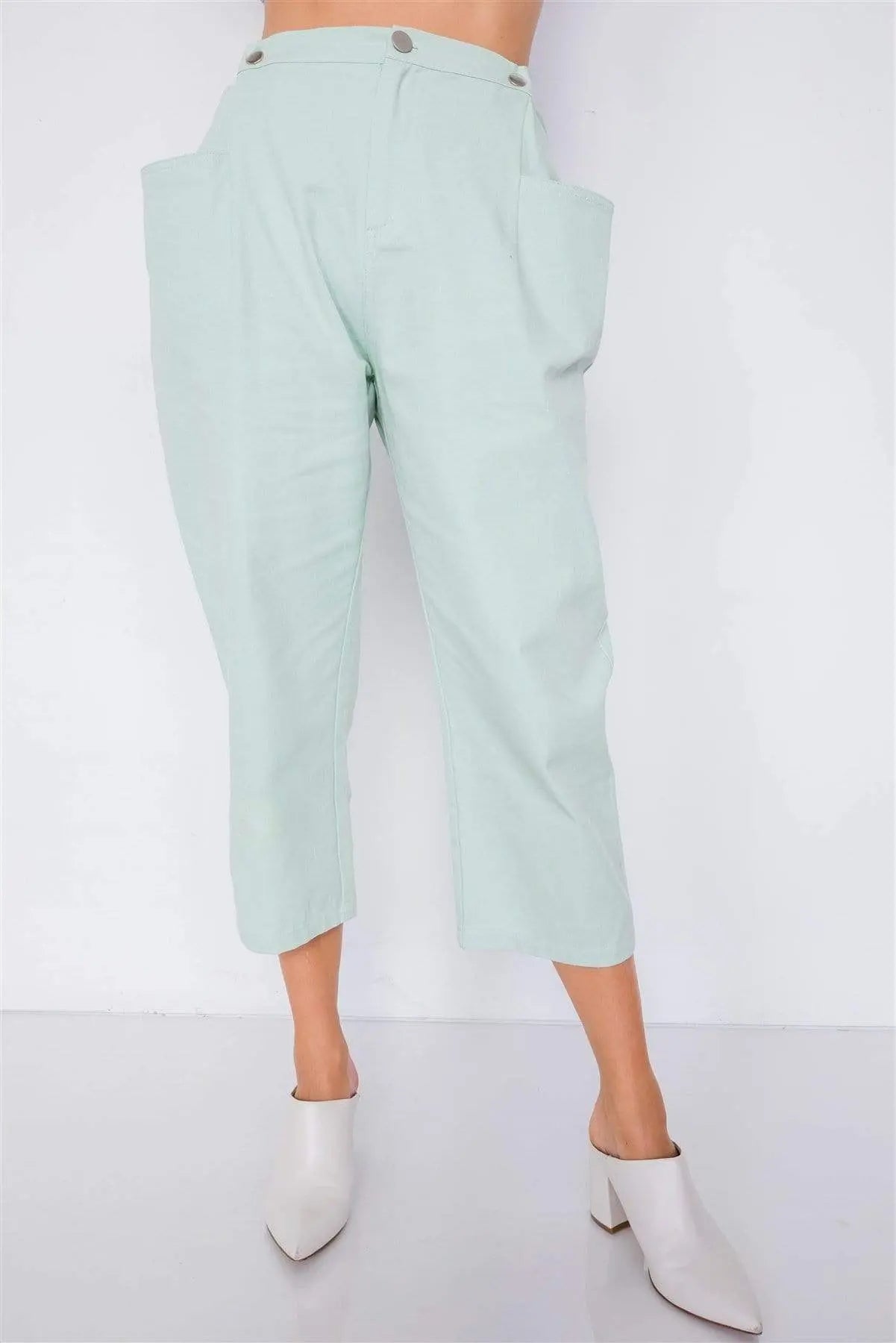 Blue Zone Planet |  Pastel Chic Solid Ankle Wide Leg Adjustable Snap Waist Pants Blue Zone Planet