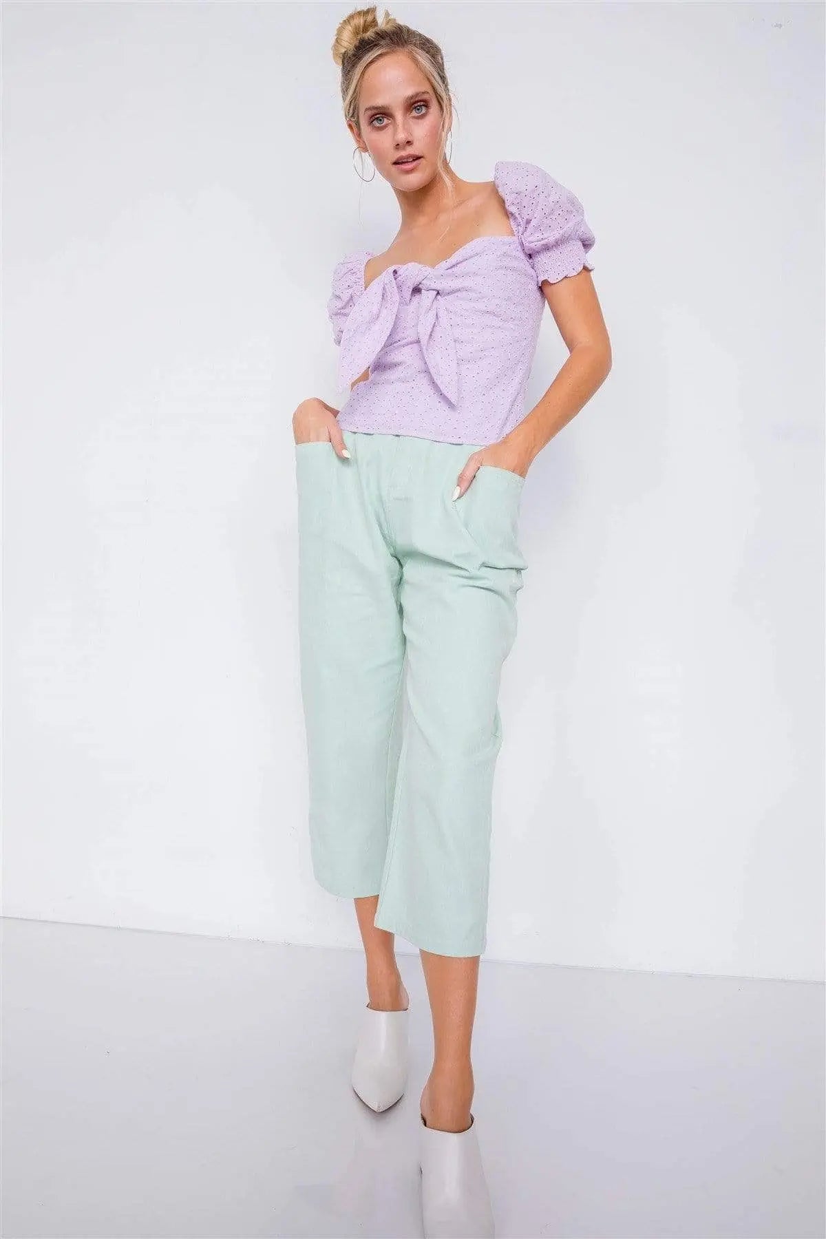 Blue Zone Planet |  Pastel Chic Solid Ankle Wide Leg Adjustable Snap Waist Pants Blue Zone Planet