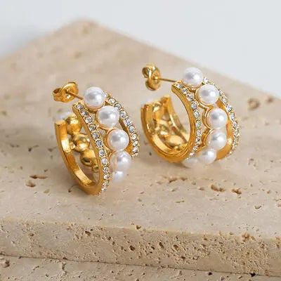 Blue Zone Planet |  Pearl Titanium Steel C-Hoop Earrings BLUE ZONE PLANET