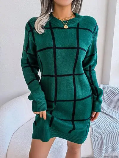 Blue Zone Planet |  Plaid Round Neck Dropped Shoulder Sweater Dress BLUE ZONE PLANET