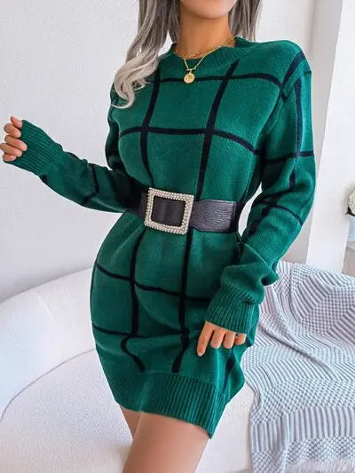 Blue Zone Planet |  Plaid Round Neck Dropped Shoulder Sweater Dress BLUE ZONE PLANET