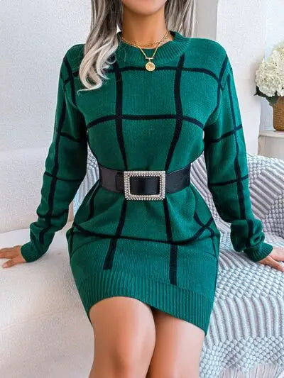 Blue Zone Planet |  Plaid Round Neck Dropped Shoulder Sweater Dress BLUE ZONE PLANET