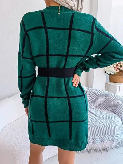 Blue Zone Planet |  Plaid Round Neck Dropped Shoulder Sweater Dress BLUE ZONE PLANET