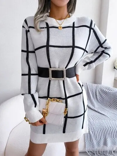 Blue Zone Planet |  Plaid Round Neck Dropped Shoulder Sweater Dress BLUE ZONE PLANET
