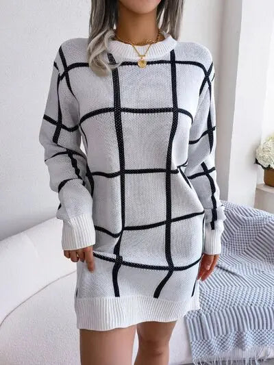 Blue Zone Planet |  Plaid Round Neck Dropped Shoulder Sweater Dress BLUE ZONE PLANET
