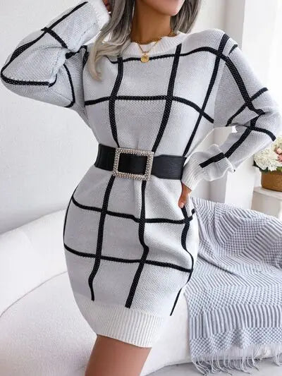 Blue Zone Planet |  Plaid Round Neck Dropped Shoulder Sweater Dress BLUE ZONE PLANET