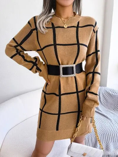 Blue Zone Planet |  Plaid Round Neck Dropped Shoulder Sweater Dress BLUE ZONE PLANET