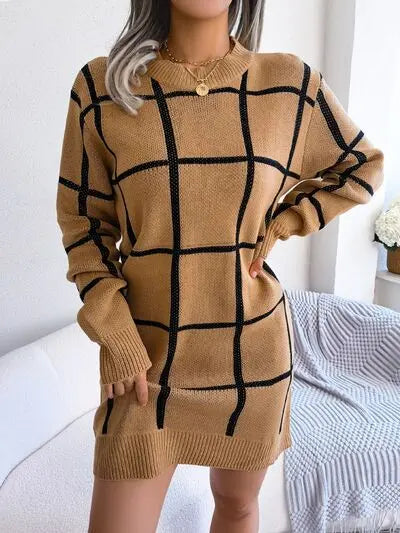 Blue Zone Planet |  Plaid Round Neck Dropped Shoulder Sweater Dress BLUE ZONE PLANET