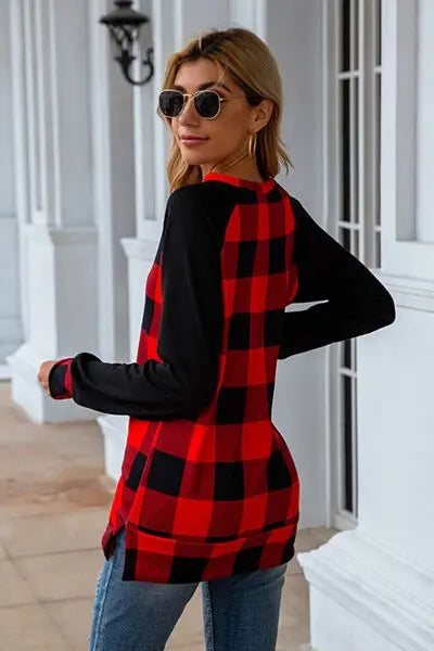 Blue Zone Planet |  Plaid Round Neck Long Sleeve T-Shirt BLUE ZONE PLANET