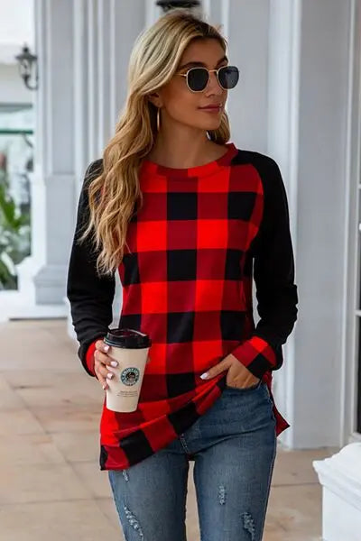 Blue Zone Planet |  Plaid Round Neck Long Sleeve T-Shirt BLUE ZONE PLANET