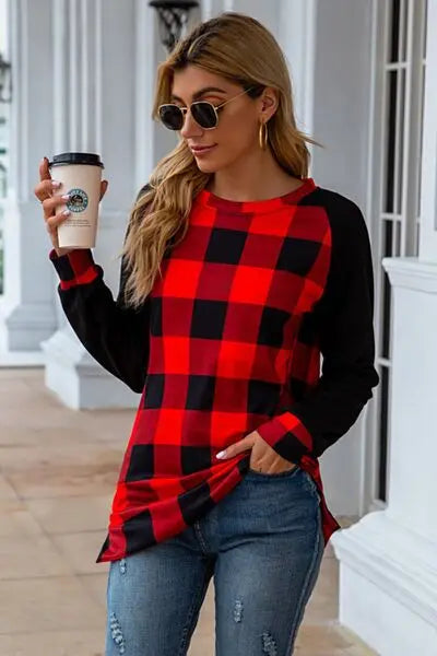 Blue Zone Planet |  Plaid Round Neck Long Sleeve T-Shirt BLUE ZONE PLANET