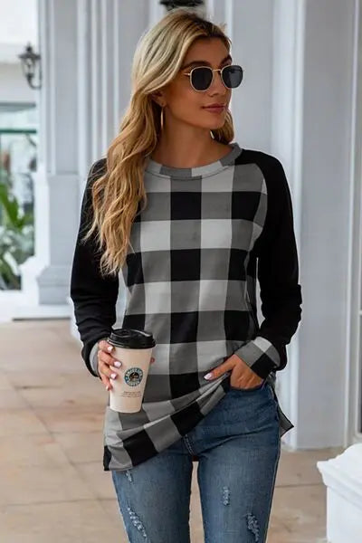 Blue Zone Planet |  Plaid Round Neck Long Sleeve T-Shirt BLUE ZONE PLANET