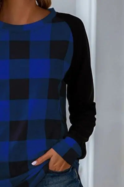 Blue Zone Planet |  Plaid Round Neck Long Sleeve T-Shirt BLUE ZONE PLANET