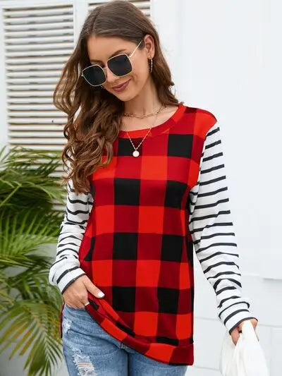 Blue Zone Planet |  Plaid Striped Round Neck Long Sleeve T-Shirt BLUE ZONE PLANET