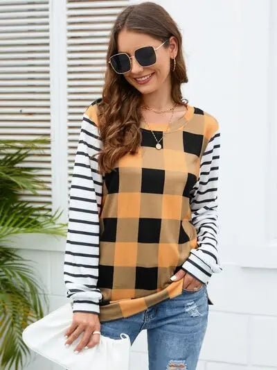 Blue Zone Planet |  Plaid Striped Round Neck Long Sleeve T-Shirt BLUE ZONE PLANET