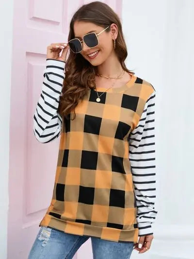 Blue Zone Planet |  Plaid Striped Round Neck Long Sleeve T-Shirt BLUE ZONE PLANET