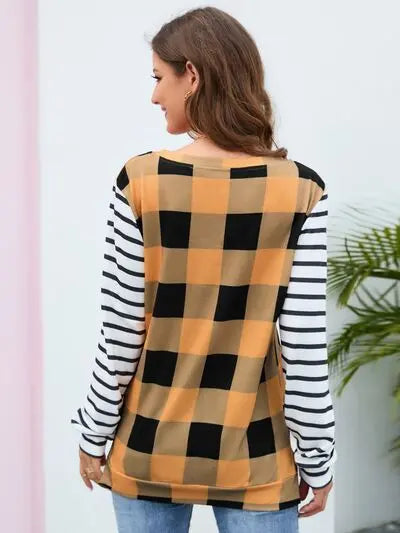 Blue Zone Planet |  Plaid Striped Round Neck Long Sleeve T-Shirt BLUE ZONE PLANET