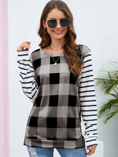 Blue Zone Planet |  Plaid Striped Round Neck Long Sleeve T-Shirt BLUE ZONE PLANET