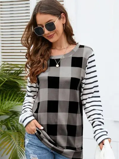 Blue Zone Planet |  Plaid Striped Round Neck Long Sleeve T-Shirt BLUE ZONE PLANET