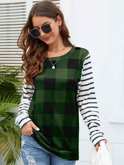 Blue Zone Planet |  Plaid Striped Round Neck Long Sleeve T-Shirt BLUE ZONE PLANET