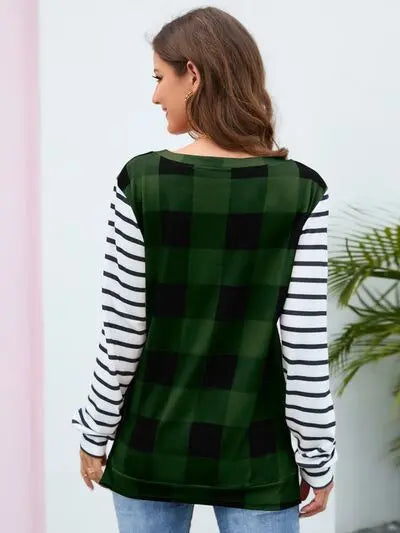 Blue Zone Planet |  Plaid Striped Round Neck Long Sleeve T-Shirt BLUE ZONE PLANET