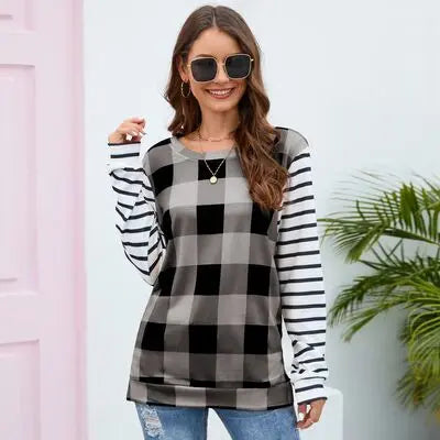 Blue Zone Planet |  Plaid Striped Round Neck Long Sleeve T-Shirt BLUE ZONE PLANET