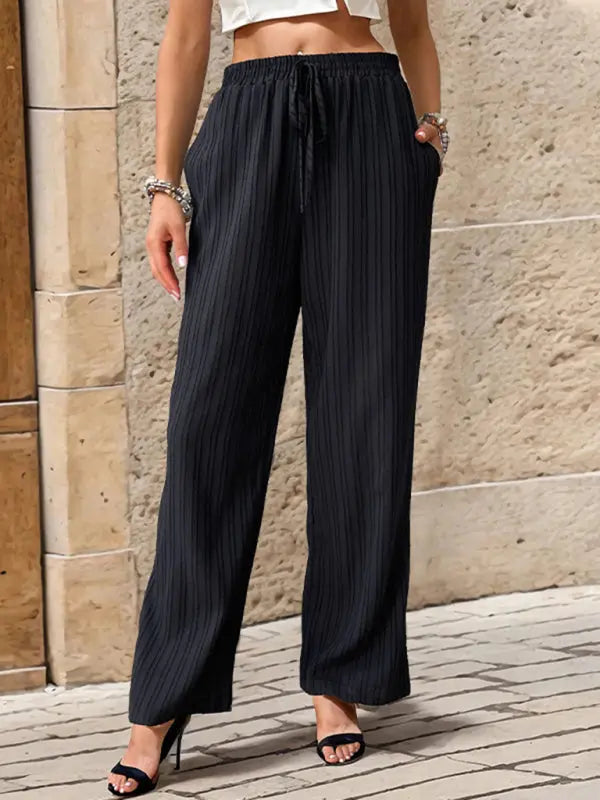 Blue Zone Planet |  Pleated Textured Elastic Straight Pants BLUE ZONE PLANET