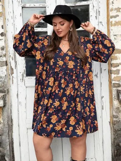 Blue Zone Planet |  Plus Size Floral V-Neck Balloon Sleeve Dress BLUE ZONE PLANET