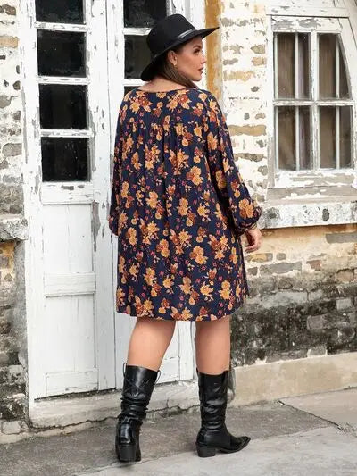 Blue Zone Planet |  Plus Size Floral V-Neck Balloon Sleeve Dress BLUE ZONE PLANET