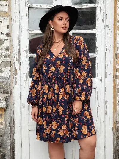 Blue Zone Planet |  Plus Size Floral V-Neck Balloon Sleeve Dress BLUE ZONE PLANET