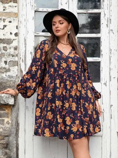 Blue Zone Planet |  Plus Size Floral V-Neck Balloon Sleeve Dress BLUE ZONE PLANET