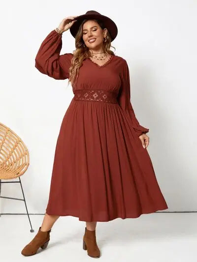 Blue Zone Planet |  Plus Size Lace Detail V-Neck Balloon Sleeve Dress BLUE ZONE PLANET