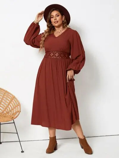 Blue Zone Planet |  Plus Size Lace Detail V-Neck Balloon Sleeve Dress BLUE ZONE PLANET