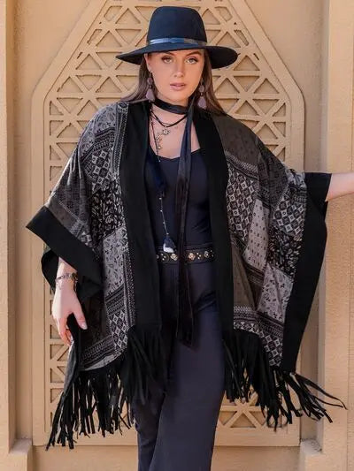 Blue Zone Planet |  Plus Size Printed Fringe Open Front Outerwear BLUE ZONE PLANET
