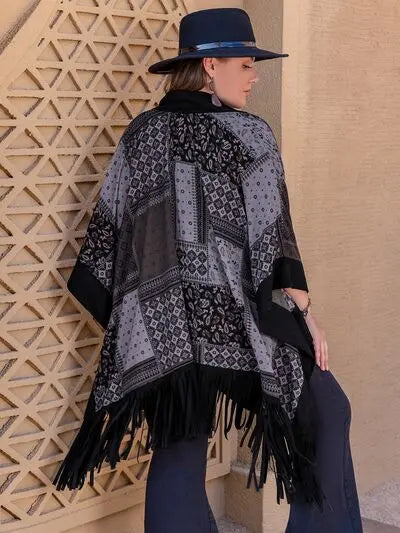 Blue Zone Planet |  Plus Size Printed Fringe Open Front Outerwear BLUE ZONE PLANET