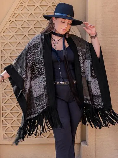 Blue Zone Planet |  Plus Size Printed Fringe Open Front Outerwear BLUE ZONE PLANET
