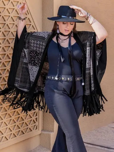 Blue Zone Planet |  Plus Size Printed Fringe Open Front Outerwear BLUE ZONE PLANET