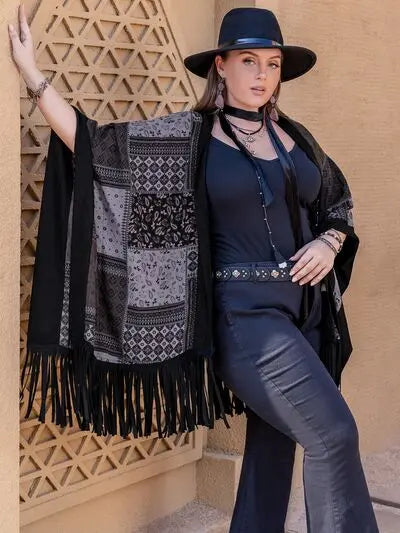 Blue Zone Planet |  Plus Size Printed Fringe Open Front Outerwear BLUE ZONE PLANET