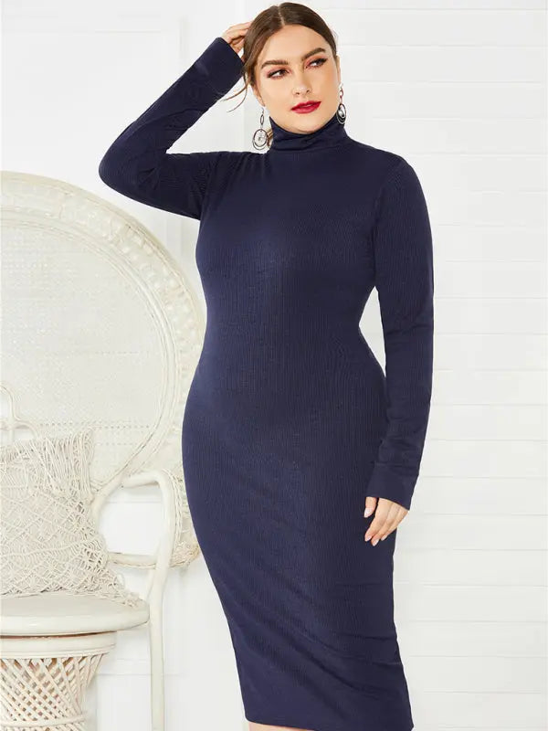 Blue Zone Planet |  Plus Size Solid Color Knit Turtleneck Long Sleeve Dress BLUE ZONE PLANET