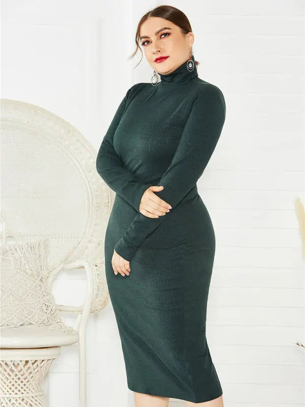 Blue Zone Planet |  Plus Size Solid Color Knit Turtleneck Long Sleeve Dress BLUE ZONE PLANET