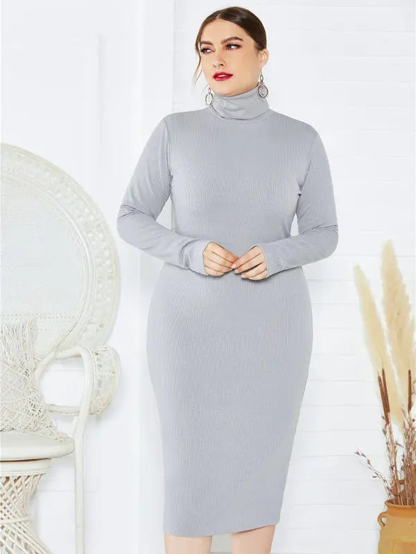 Blue Zone Planet |  Plus Size Solid Color Knit Turtleneck Long Sleeve Dress BLUE ZONE PLANET