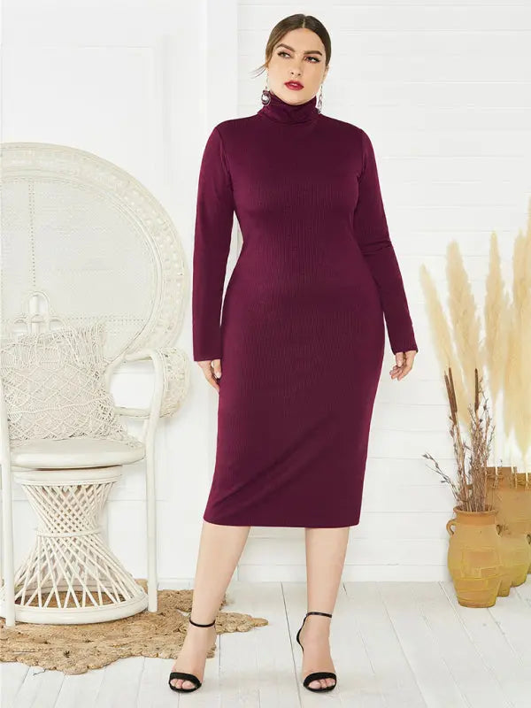 Blue Zone Planet |  Plus Size Solid Color Knit Turtleneck Long Sleeve Dress BLUE ZONE PLANET