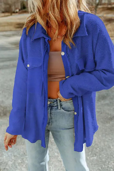 Blue Zone Planet |  Pocketed Button Up Droppped Shoulder Jacket BLUE ZONE PLANET