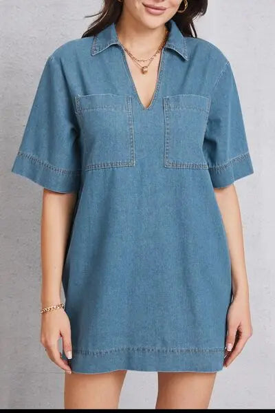 Blue Zone Planet |  Pocketed Collared Neck Mini Denim Dress BLUE ZONE PLANET