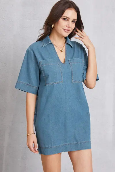 Blue Zone Planet |  Pocketed Collared Neck Mini Denim Dress BLUE ZONE PLANET