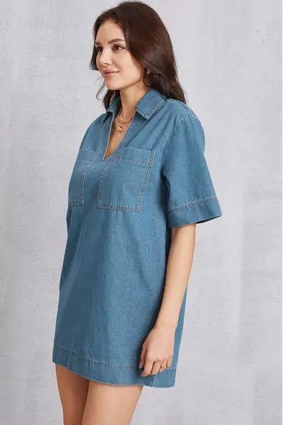Blue Zone Planet |  Pocketed Collared Neck Mini Denim Dress BLUE ZONE PLANET